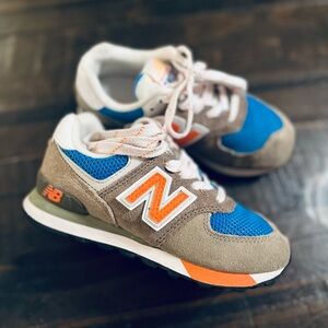 New Balance 574 Kids' Sneakers Blue, Orange, and Tan 12
